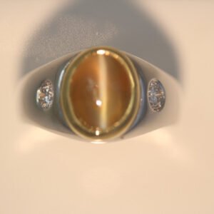 4.85 + Carat Mens Cats Eye & Diamond Ringl - Honey Color, Straight Eye - GIA