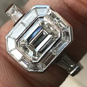 Emerald Cut Diamond Engagement With Trapezoid Halo , Vintage Look, 2.8 CTW