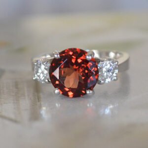 Natural Garnet Set In White Gold & Diamond Engagement / Fashion Ring