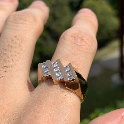 3 Row Mens / Ladies Princess Diamond Ring,1.20 CTW, 10K, 1980s Ben Dannie Design - Image 3