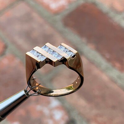 3 Row Mens / Ladies Princess Diamond Ring,1.20 CTW, 10K, 1980s Ben Dannie Design - Image 4