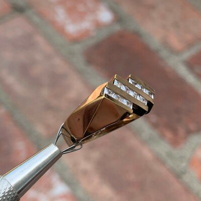 3 Row Mens / Ladies Princess Diamond Ring,1.20 CTW, 10K, 1980s Ben Dannie Design - Image 5