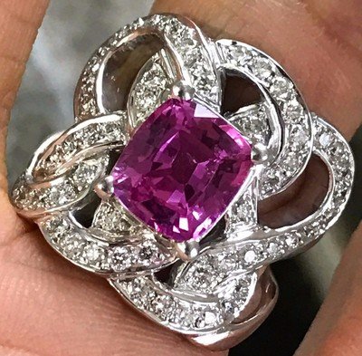 Pink Sapphire Diamond Statement Ring , 4 Carat Center Sapphire Engagement