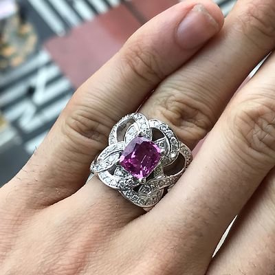Pink Sapphire Diamond Statement Ring , 4 Carat Center Sapphire Engagement - Image 3