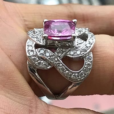 Pink Sapphire Diamond Statement Ring , 4 Carat Center Sapphire Engagement - Image 4