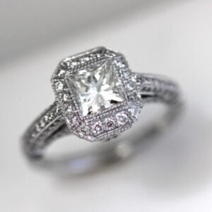 Princess Cut Diamond Platinum Halo Ring Milgrain 1.62 Carat TW - Ben Dannie