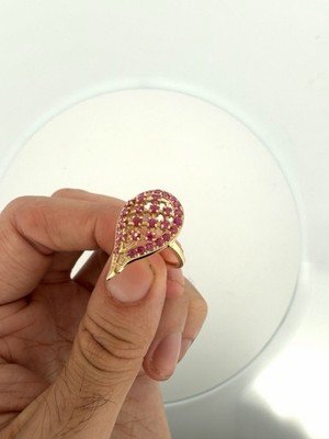 Lab created Ruby Tear Drop Ring 10k Yellow Gold - Image 2
