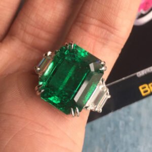 12 Carat Vivid Green Zambian Emerald 5 Stone Diamond Ring