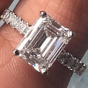 Emerald Cut Diamond Engagement Ring - E VS2 Set In -Platinum-Diamonds Down Shank