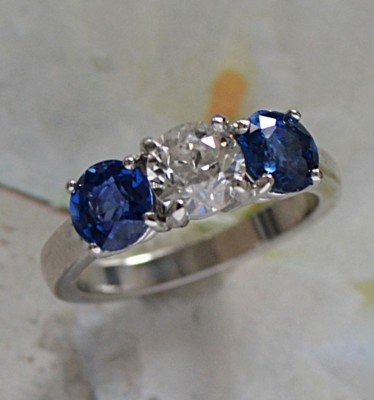 Diamond and Sapphire 3 stone engagement Ring Set in Platinum