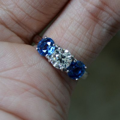 Diamond and Sapphire 3 stone engagement Ring Set in Platinum - Image 2