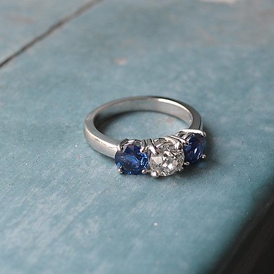 Diamond and Sapphire 3 stone engagement Ring Set in Platinum - Image 3