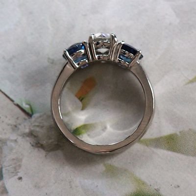 Diamond and Sapphire 3 stone engagement Ring Set in Platinum - Image 5