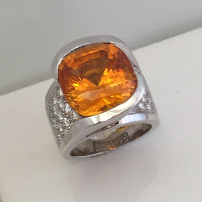 15.65 Carat Huge Cushion Natural Honey Orange Sapphire & Diamond Ring AGTA , GIA