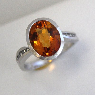 3.15 Carat Orange Citrine , 0.25 CT Diamond Fashion RIng , 18k White