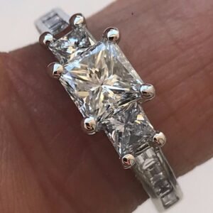 Three Stone Princess Diamond Engagement Ring - Straight Baguettes Down Shank