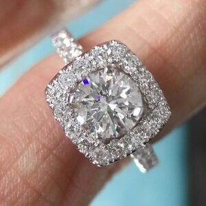 Round Diamond Pave Halo Engagement Ring White Gold - 1.35 Carat TW