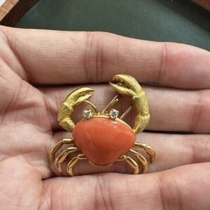 Vintage Coral and Diamond Crab Brooch
