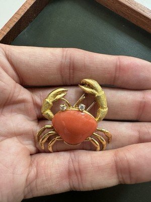 Vintage Coral and Diamond Crab Brooch