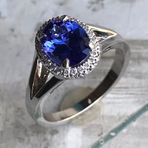Oval Amazing Violet Tanzanite With Diamond Engagement Halo Ring - 18k White Gold