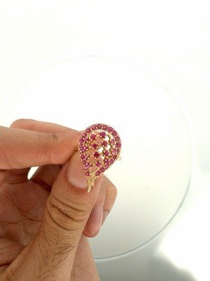 Lab created Ruby Tear Drop Ring 10k Yellow Gold