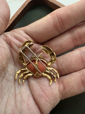 Vintage Coral and Diamond Crab Brooch - Image 2