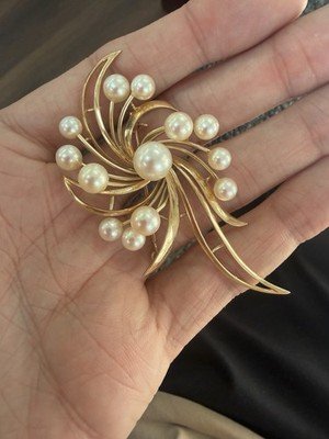 Vintage Mikimoto 9mm Akoya Pearl Brooch 14k Yellow Gold Ribbon Spray 1.5" Con272