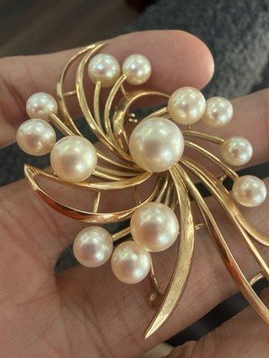 Vintage Mikimoto 9mm Akoya Pearl Brooch 14k Yellow Gold Ribbon Spray 1.5" Con272 - Image 3