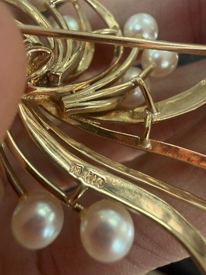 Vintage Mikimoto 9mm Akoya Pearl Brooch 14k Yellow Gold Ribbon Spray 1.5" Con272 - Image 5