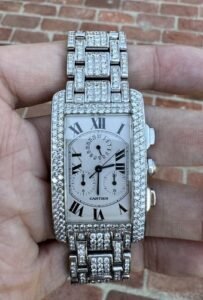 CARTIER Tank Americaine 18K White Gold Chronograph Full Pave Diamond Watch
