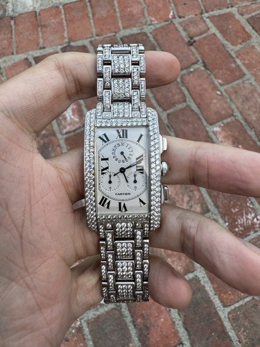 CARTIER Tank Americaine Mens 18K White Gold Chronograph Diamond Watch
