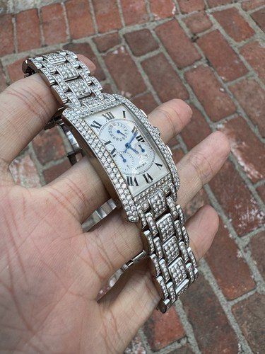 CARTIER Tank Americaine Mens 18K White Gold Chronograph Diamond Watch - Image 2