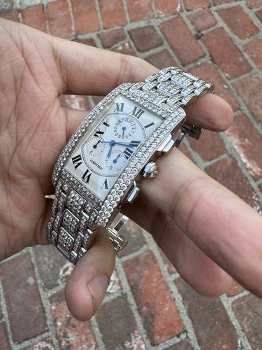 CARTIER Tank Americaine Mens 18K White Gold Chronograph Diamond Watch - Image 3