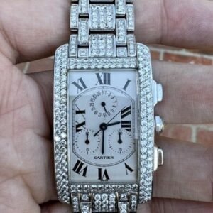 CARTIER Tank Americaine 18K White Gold Chronograph Full Pave Diamond Watch