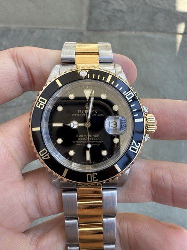 Rolex 1990 Year Mens Submariner Date 18k Watch Black Sub 16613 Stainless & Gold