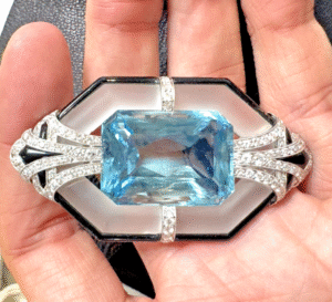 Black Starr & Frost Brooch set with Emerald Aquamarine Approx 48 carat