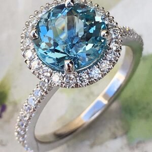 Round Amazing Blue Aquamarine With Diamond Halo Ring - 18k White Gold