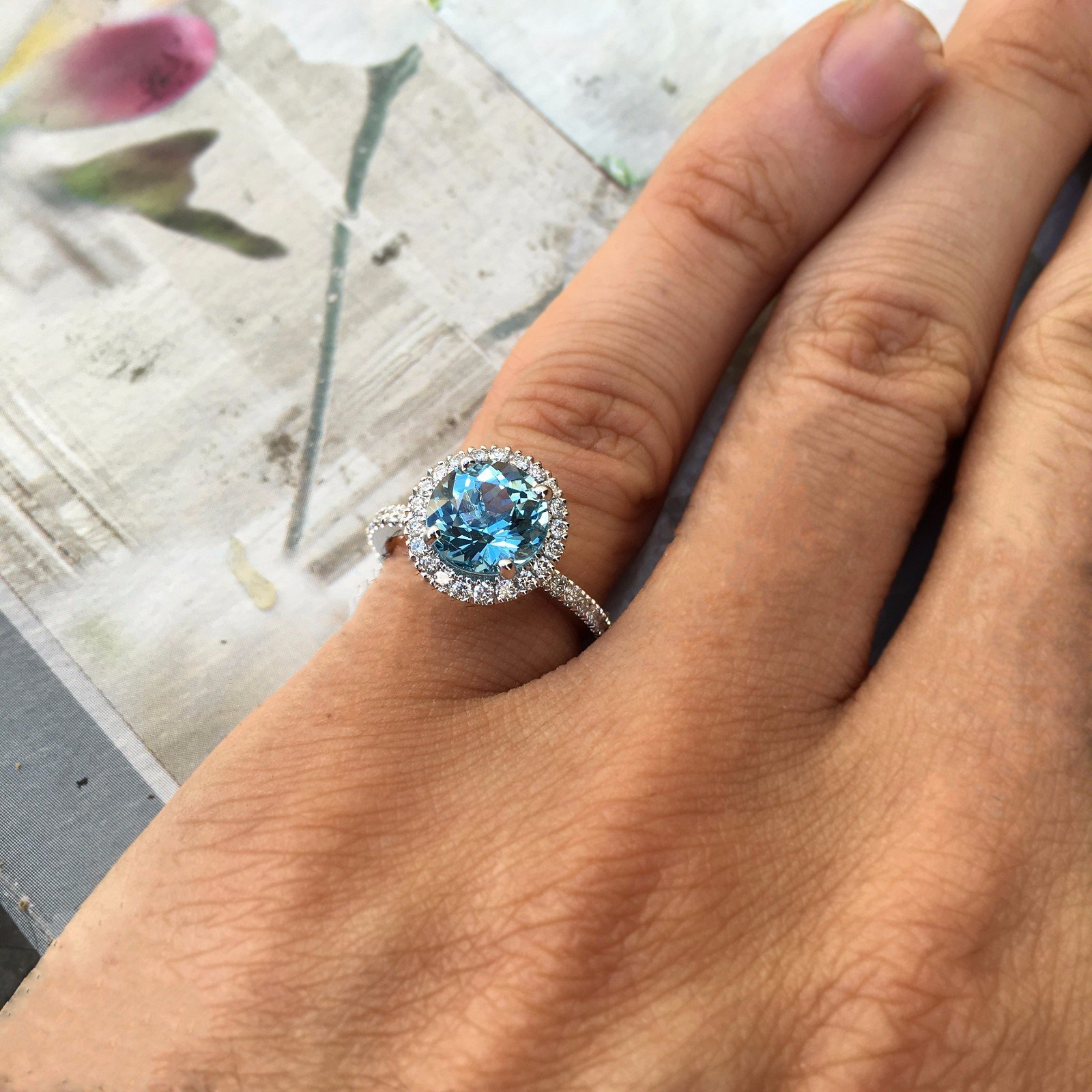 Round Amazing Blue Aquamarine With Diamond Halo Ring - 18k White Gold - Image 2