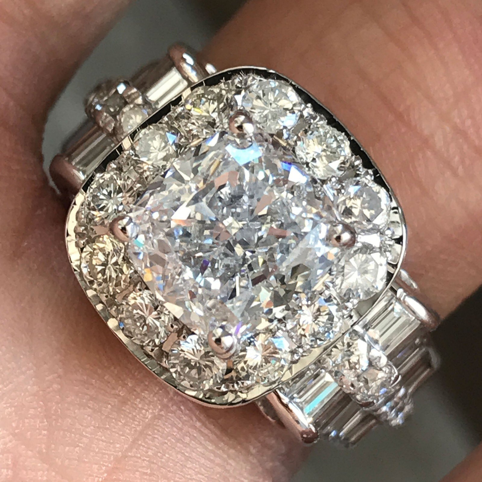 2 Carat Cushion W/ Round Halo, Baguettes In Shank - Ben Dannie