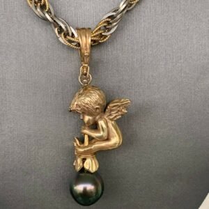 Baby Angel in Yellow Gold on Tahitian Pearl Playing Instrument