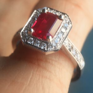 Ruby Gemstone With Diamond Halo Engagement / Fashion Ring - 2 Carats Total