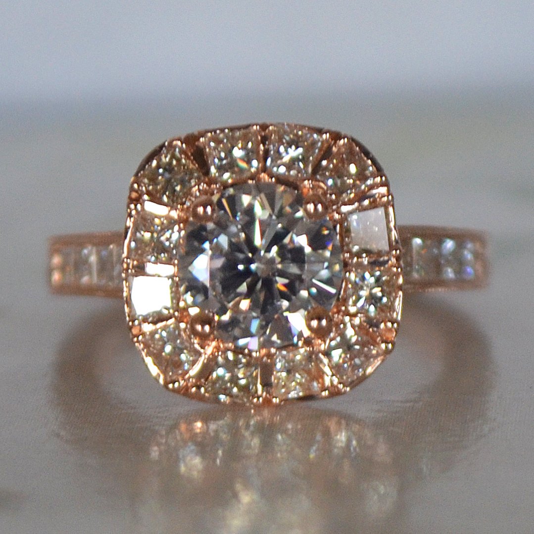 Round Diamond With Princess Halo Engagement Ring Rose Gold - 1.45 Carat TW