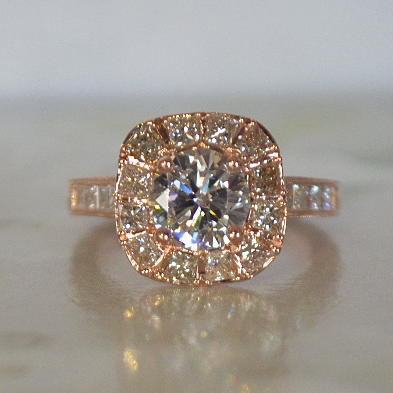 Round Diamond With Princess Halo Engagement Ring Rose Gold - 1.45 Carat TW - Image 2