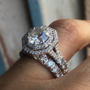 Double Row Hexagonal Halo - Round Center Diamond Engagement Ring- Pave Diamond