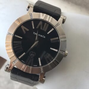 Tiffany Atlas Watch White Gold With Diamonds , Black Leather Strap