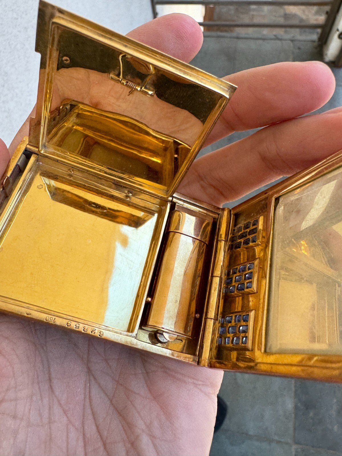 VINTAGE OSTERTAG 18k YELLOW GOLD RARE UNIQUE POWDER COMPACT MIRROR CASE BOX - Image 4
