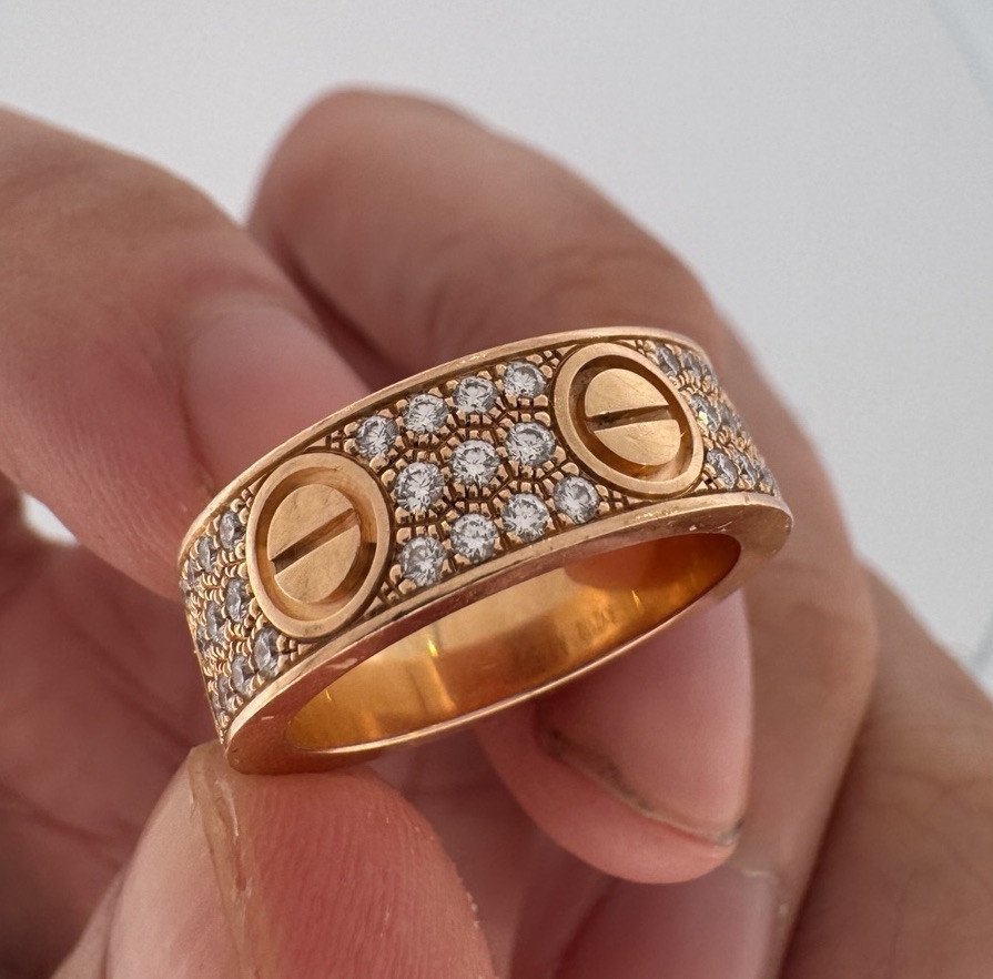 CARTIER 18K ROSE GOLD LOVE DIAMOND PAVE RING Size 52, 6.5mm Wide