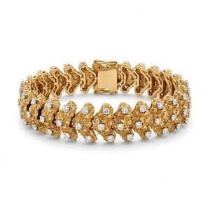 Heavy 18K Yellow Gold Nugget Bracelet 53g 76 Natural Diamonds 14mm 7” Solid