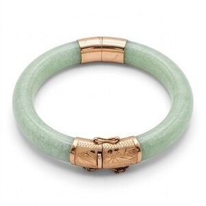 Vintage 14K Yellow Gold Green Jade Bangle 8.8mm Wide Hinged 7" Solid