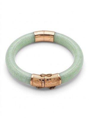 Vintage 14K Yellow Gold Green Jade Bangle 8.8mm Wide Hinged 7" Solid